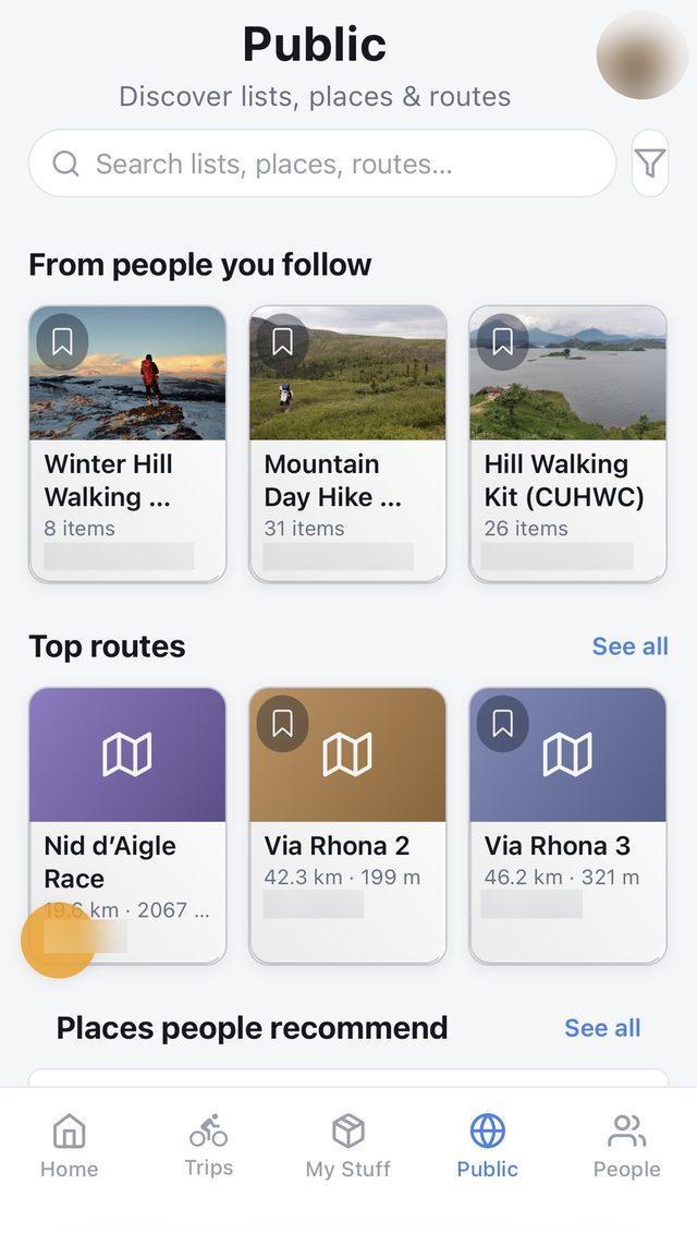 Public discovery screen showing shared kit lists and top routes